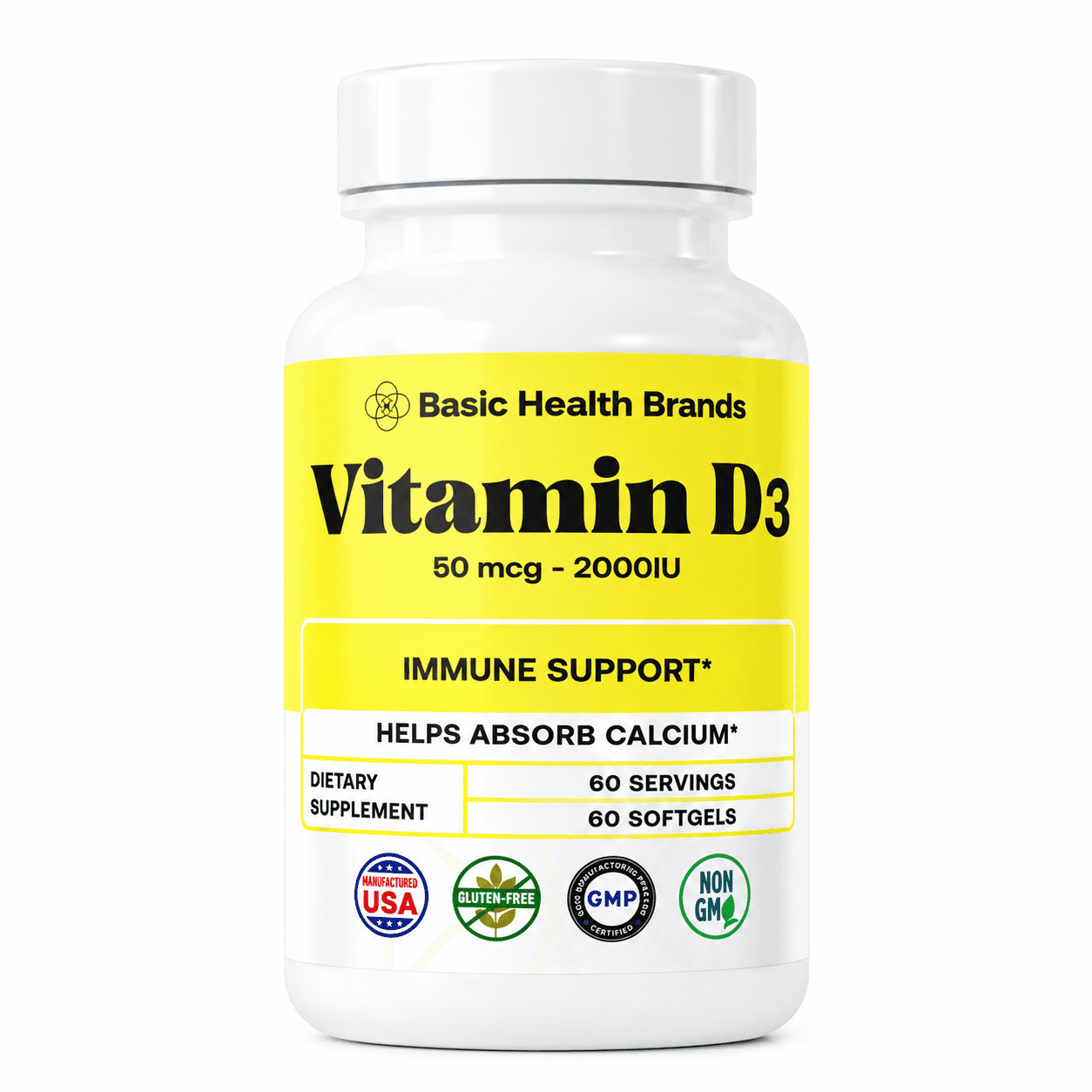 Basic Health Brands Happy Sunshine Vitamin D3 Supplement 2000 IU, Immune & Bone Support, Dietary Supplement 60 Count