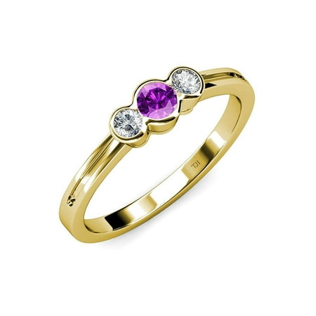 

Amethyst and Diamond (SI2-I1 G-H) Three Stone Ring 0.48 ct tw in 14K Yellow Gold.size 5.5