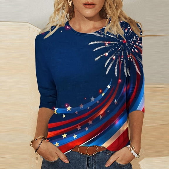 Cavosen 4th of July T Shirts Women Patriotic 3/4 Sleeve Crewneck Tops USA Flag Print T Shirts Lady XL Independence Day Casual Shirts Funny 4th of July Tunic Tees 2025 Summer Patriotic Outfits