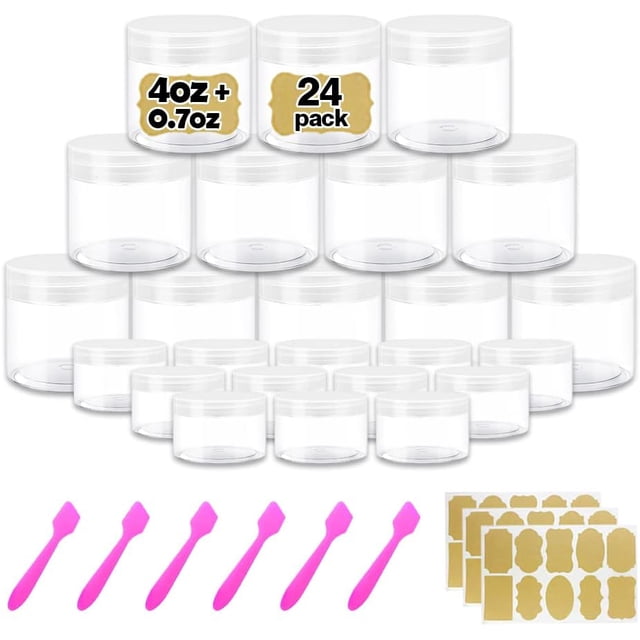 4OZ Slime Containers with Lids + 20 Gram Round Samples Jars (Set of 24)- Empty Small Plastic Containers with Lids for Slime, Lip Scrub, Lotions, Body Butters and Craft Storage Bonus Labels + Spatulas