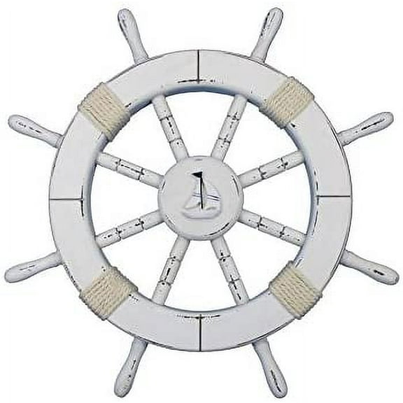 Rustic White Ship Wheel with Sailboat 18" - Nautical Ship Wheel