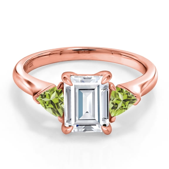 Gem Stone King 18K Rose Gold Plated Silver White Moissanite and Green Peridot 3-Stone Ring for Women (2.11 Cttw, 8X6MM Emerald Cut and 3.5 Trillion, Gemstone Birthstone, Size 6)
