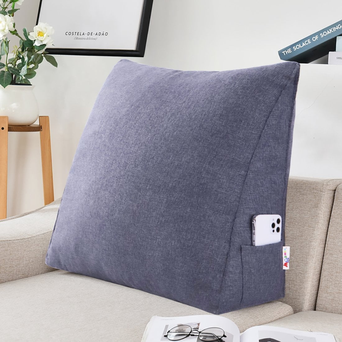 WOWMAX Reading Pillow Bed Wedge Large Adult Backrest Lounge Cushion with Pocket Firm Back Support for Sitting Up in Bed Couch Without arms for GERD Heartburn Dark Grey 23.5 Inches