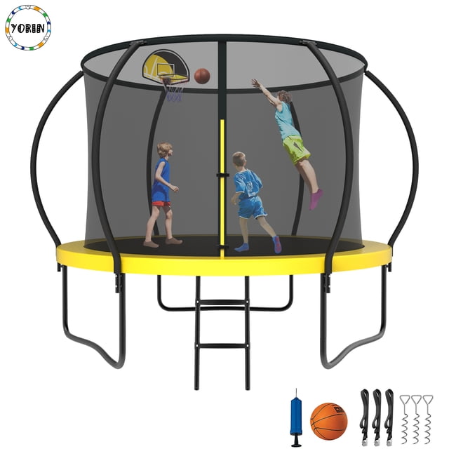 YORIN Trampoline pour 3-4 Enfants, Trampoline de 10 Pi pour Adultes avec Filet d'Enceinte, Panier de Basketball, Échelle, Capacité de Poids de 1000 Lb, Trampoline Récréatif Extérieur, Trampoline Robuste