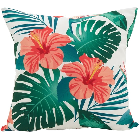 Fennco Styles Monstera Hibiscus Poly Filled Decorative Throw Pillow 18" W x 18" L - Multicolored Tropical Cushion for Home, Indoor Outdoor, Living Room, Couch, Bedroom and Office Décor