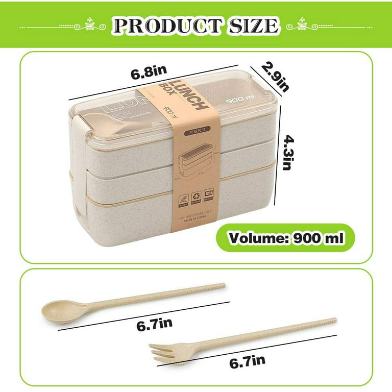 Portable Wheat Straw 3-in-1 Bento Box, With Spoon&fork, Stackable