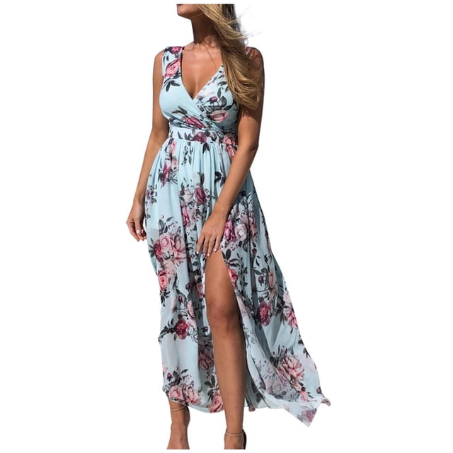 Vestido largo de playa casual elegante sin mangas de gasa con abertura con cuello en V para mujer Pompotops ghjkhdj6634