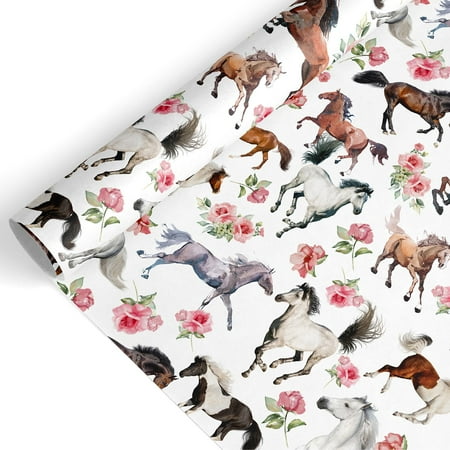 JarThenaAMCS Horse Floral PriNst Wrapping Paper -Mini Roll- 17 Inch x 32.8Ft Rustic Flower Horse Gift Wrap Paper Farmhouse Art Paper for Wedding Birthday Baby Shower DIY Crafts