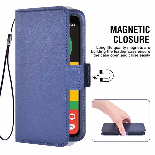 Mobile Phone Cover Pixel 4 3 Card Slots Pocket Leather Protective Cover with Magnetic Closure Blue