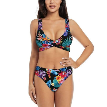 Zeuib Tropical Palm Leaves High Waisted Tummy Control Bikini Set - Knot Front Push Up Top & Cheeky Thong Bottom  Two-Piece Swimsuit for Women-Large