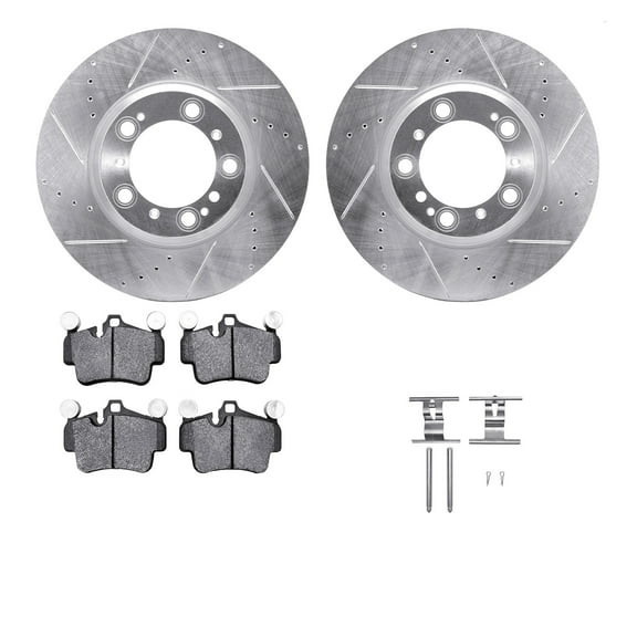 Dynamic Friction Company Rear Brake Rotors-Drilled and Slotted-Silver with 5000 Advanced Brake Pads includes Hardware 7512-02015