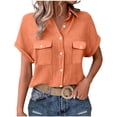 thumbnail image 2 of Craaazy Ladies Oversized Short Sleeve Tunic Tops, Lightweight Cotton Shirt, Turndown Collar Button Up Blouse with Chest Pockets for Everyday Outfits Gifts, 2 of 6