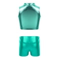 thumbnail image 2 of JanJean Kids Girls 2 Piece Dance Outfits Shiny Crop Top Sports Bra with Shorts Set Gymnastics Leotard Blue Green 10, 2 of 5