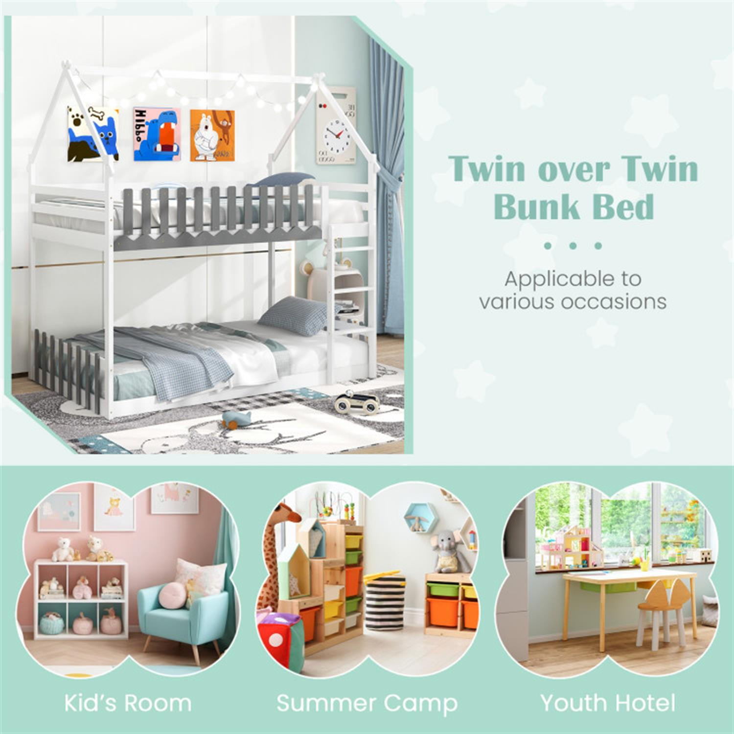 Demi Bonn Twin Over Twin Bunk Bed with Fence and Ladder, Twin Bunk Solid Wood Low Beds, Bed Frame, White