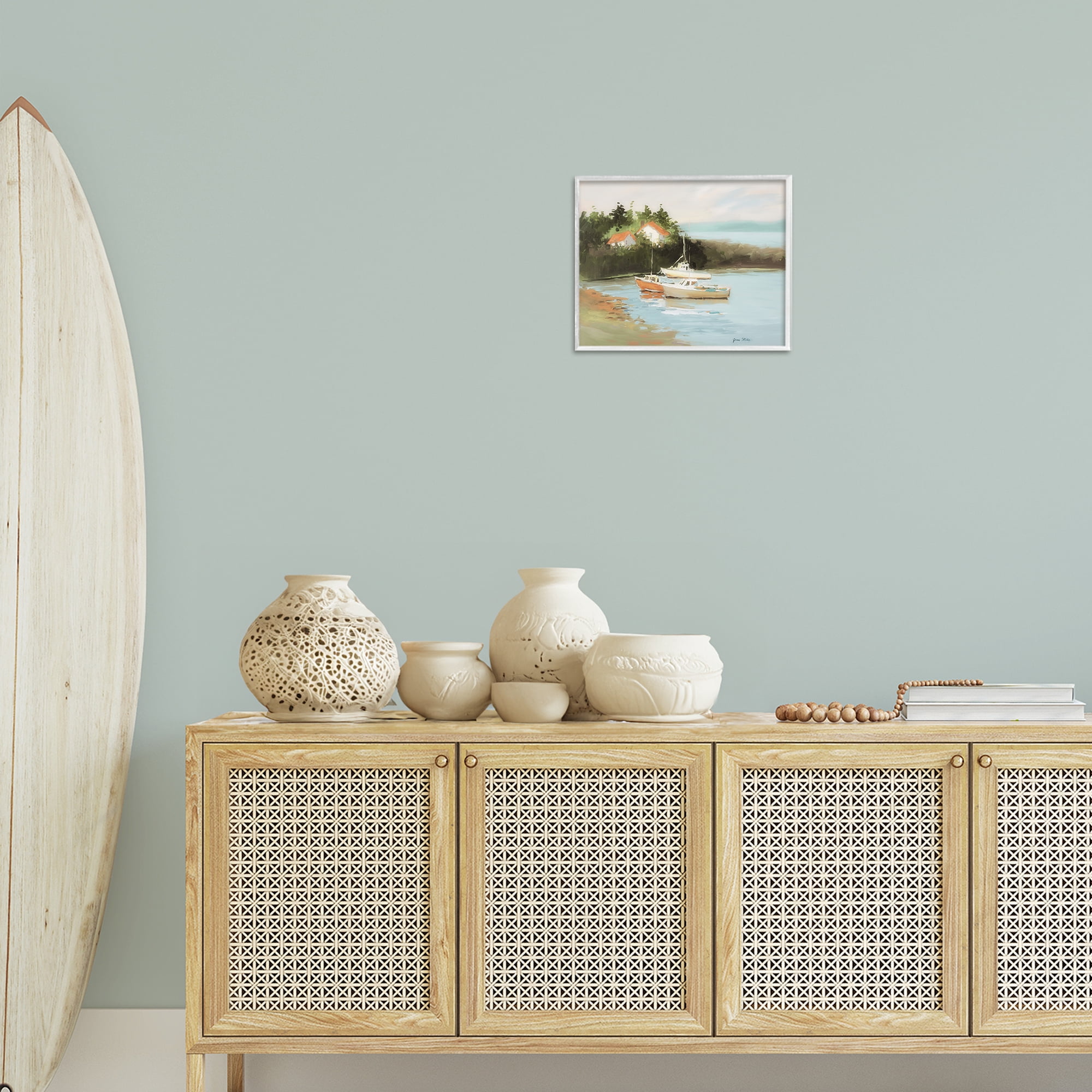 Stupell Industries Calm Boat Harbor Coastal Painting White Framed Art Print Wall Art, 14 x 11