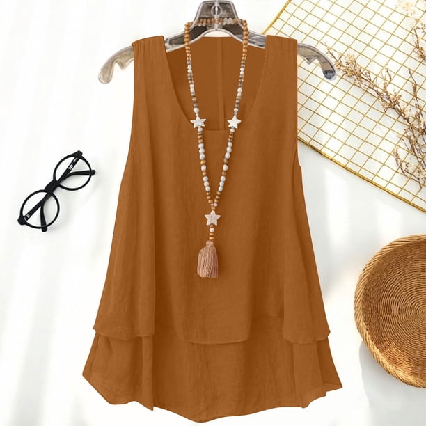 TaTaai Linen Style Double Layer Top, Women's Sleeveless Strappy Design, Solid Color Casual T-Shirt for Warm Weather Gift