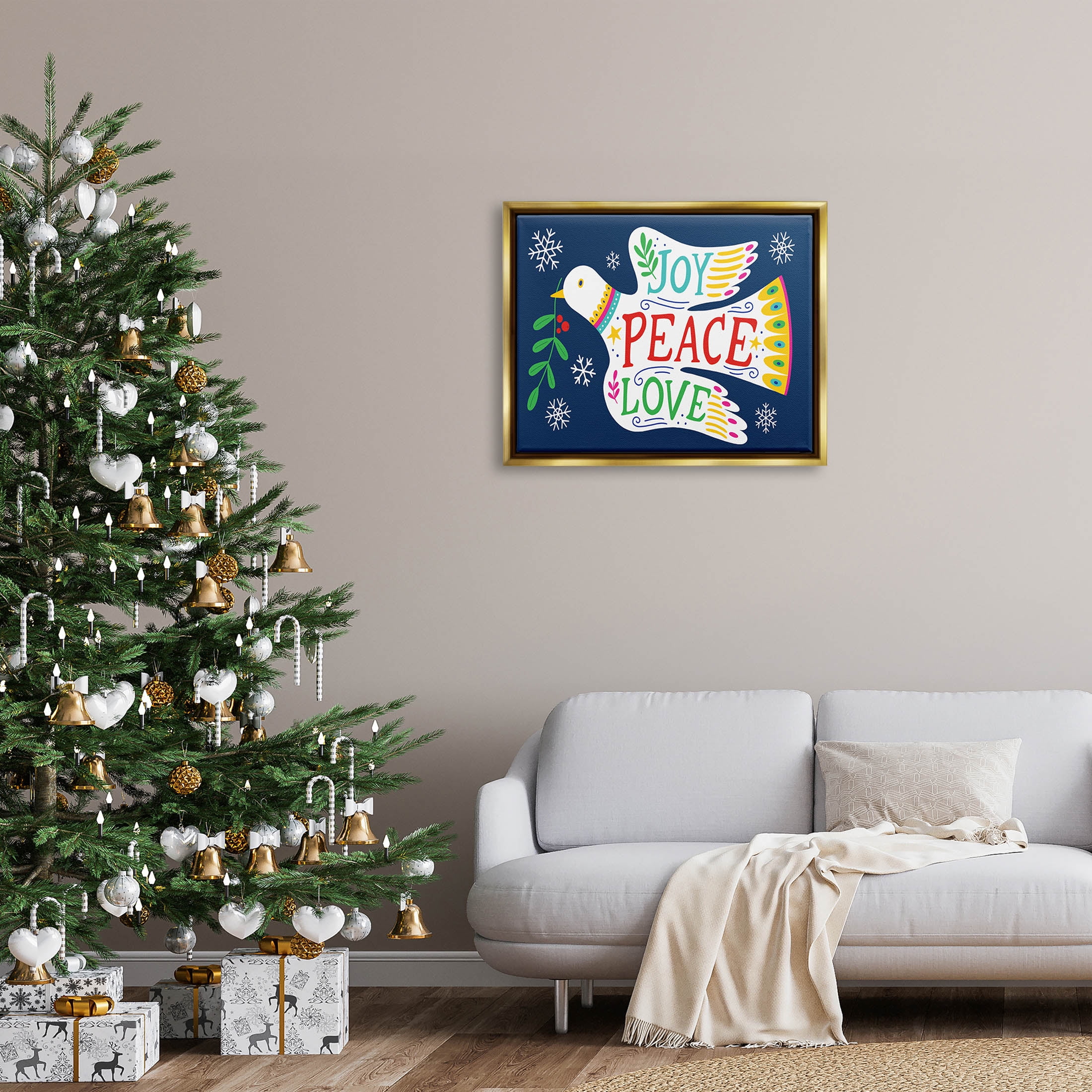 Joy Peace Love Dove Holly Sprig Holiday Graphic Art Metallic Gold Framed Art Print Wall Art