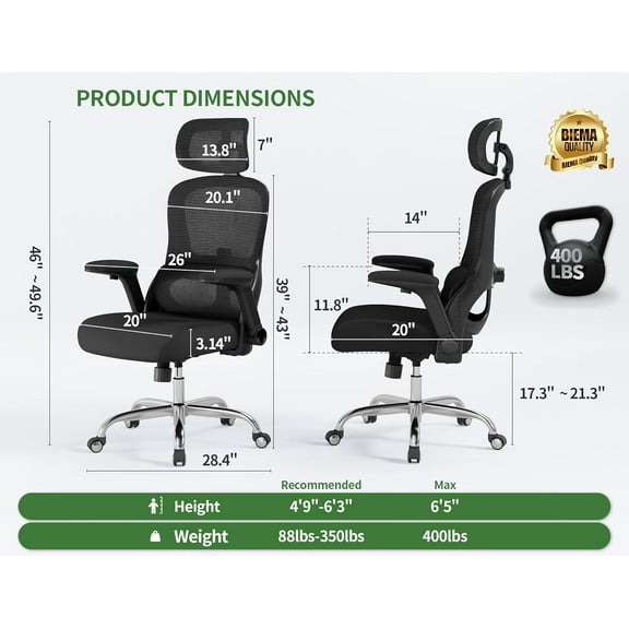 Ergonomic Office Chair: 400LBS Computer Desk Chair Comfy-Black Big and Tall Office Chair with Lumbar Support & Headrest-Gaming Chairs for Adults-Executive Office Rolling Chairs for Home Work