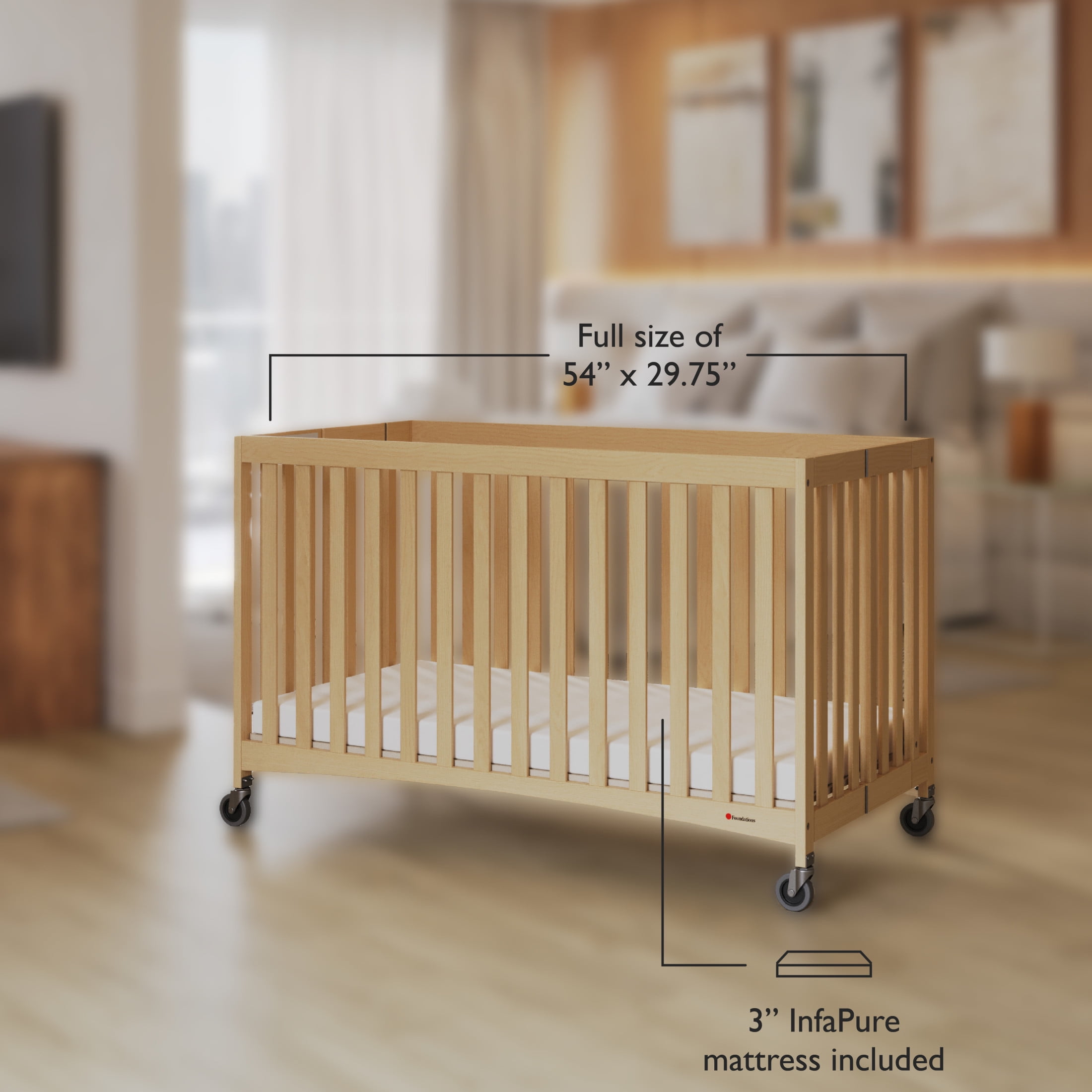 Foundations Full Size Travel Sleeper Folding Hotel Crib and Sheet Bundle – Includes Wooden Portable Crib with 3" Foam Mattress (Natural) and 6-Pack White Fitted Full Size Crib Sheets