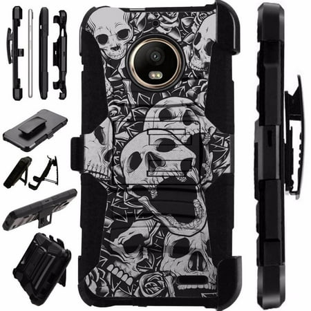 Skull Silicone Case (For Motorola Moto E4 Case / Moto E 4 Case Armor Hybrid Case Silicone Cover Kick Stand LuxGuard Holster (Skull)