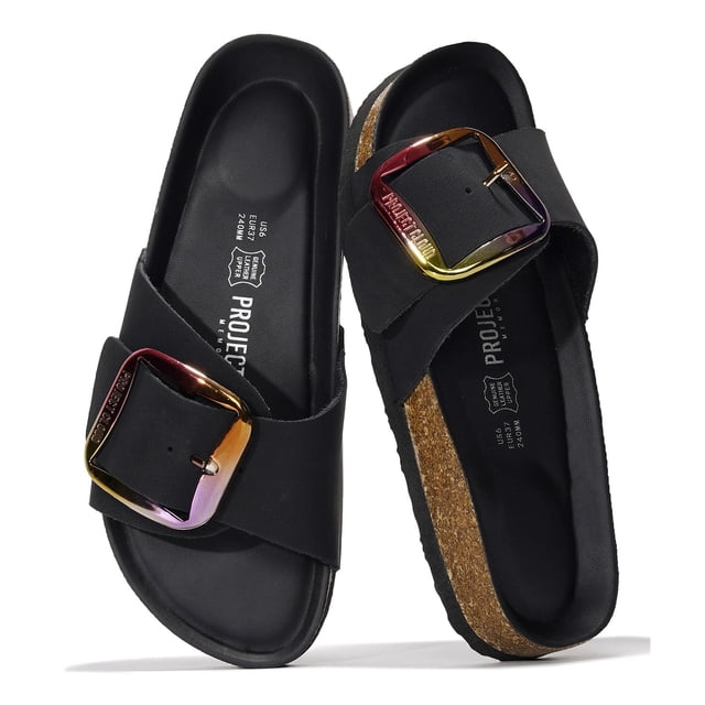Sandalias Project Cloud para mujer, negras, de cuero, con plantilla de corcho, talla 37