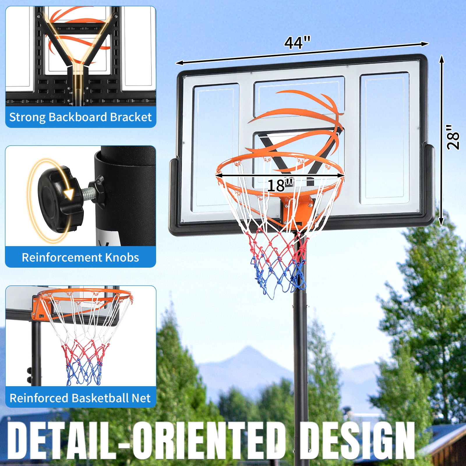 Ktaxon 44" Portable Basketball Hoop Outdoor, 4.4-10ft Height Adjustable, Shatterproof Backboard, Gray Orange