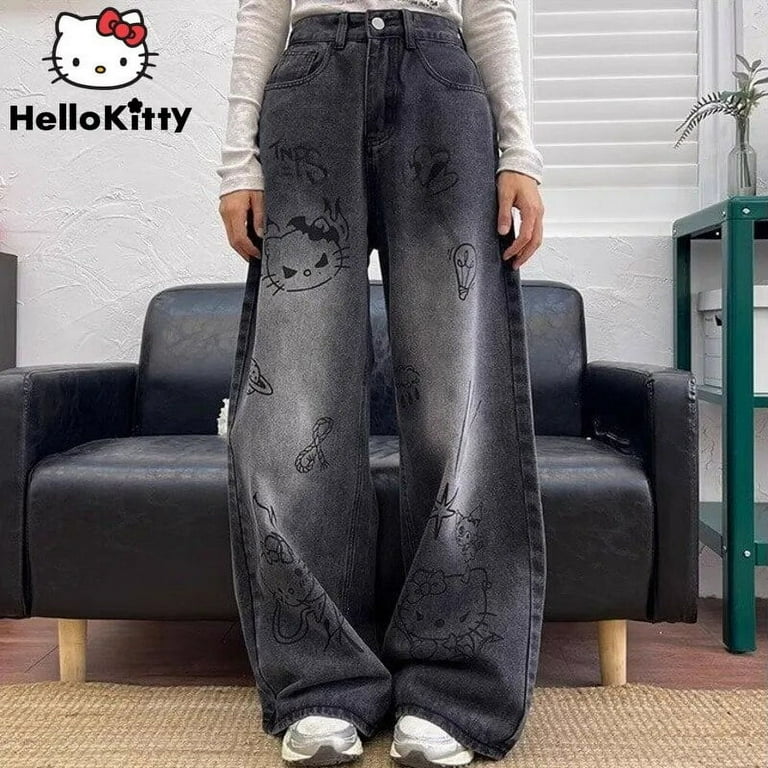 Sanrio Hello Kitty Graffiti Washed Black Baggy Jeans Women Sanrio Hello Kitty Graffiti Washed Black Baggy Jeans Women
