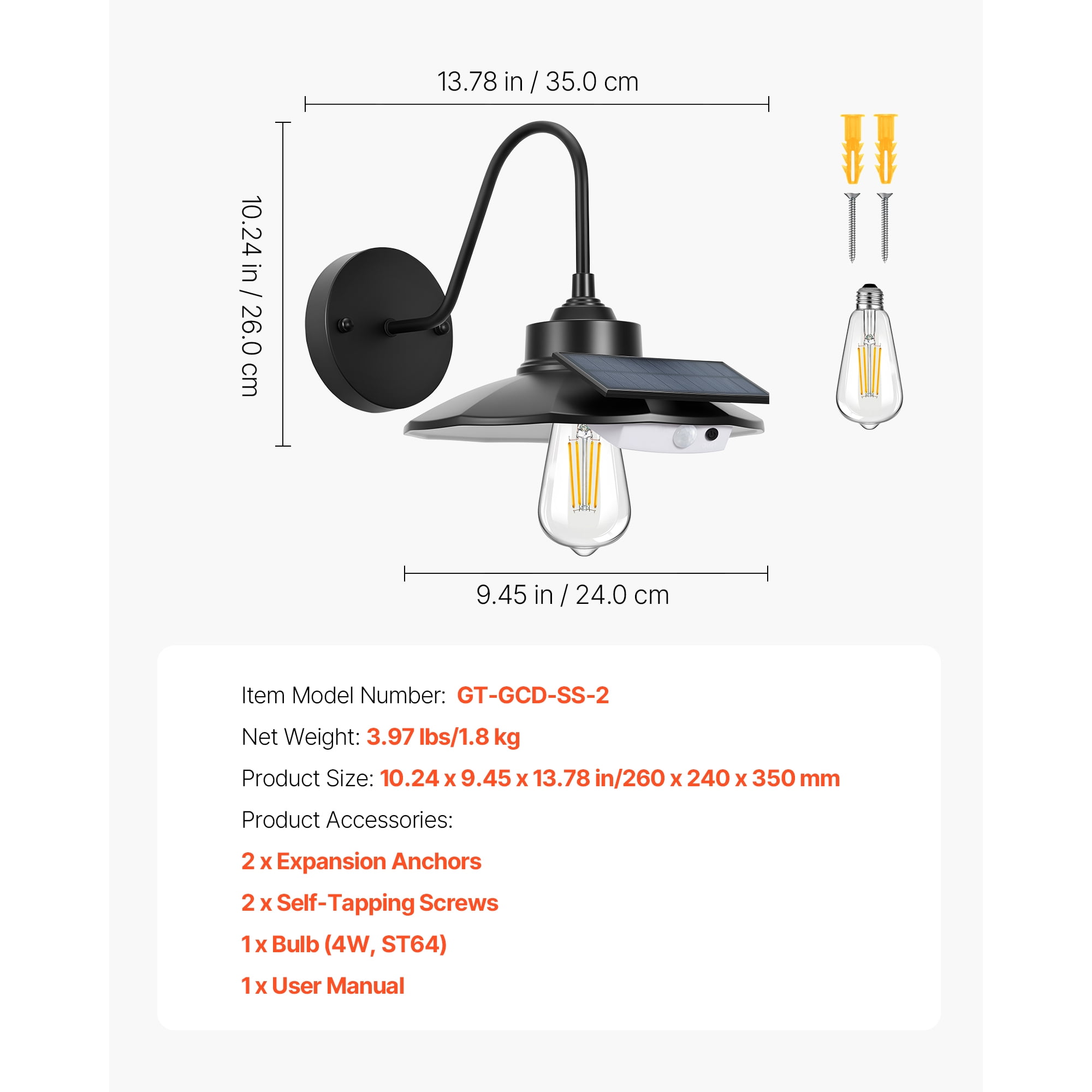KFFKFF Solar Outdoor Barn Light with Motion Sensor, 3 Adjustable Modes, 2-Pack Gooseneck Wall Fixture, Farmhouse Style Sconce, Compatible with E27 Bulbs, Waterproof Design for Porch, Entryway