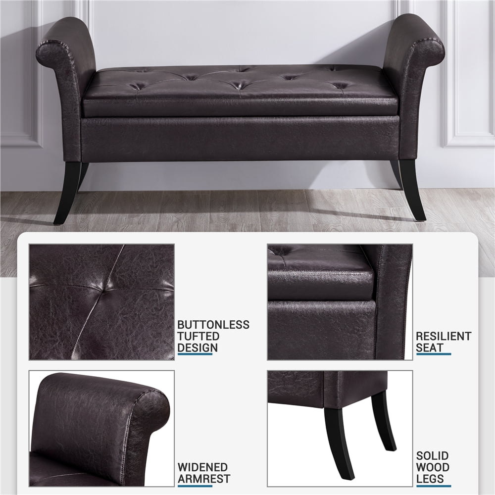 Alden Design Faux Leather Upholstered Storage Bench for Home, All Ages, Dark Brown