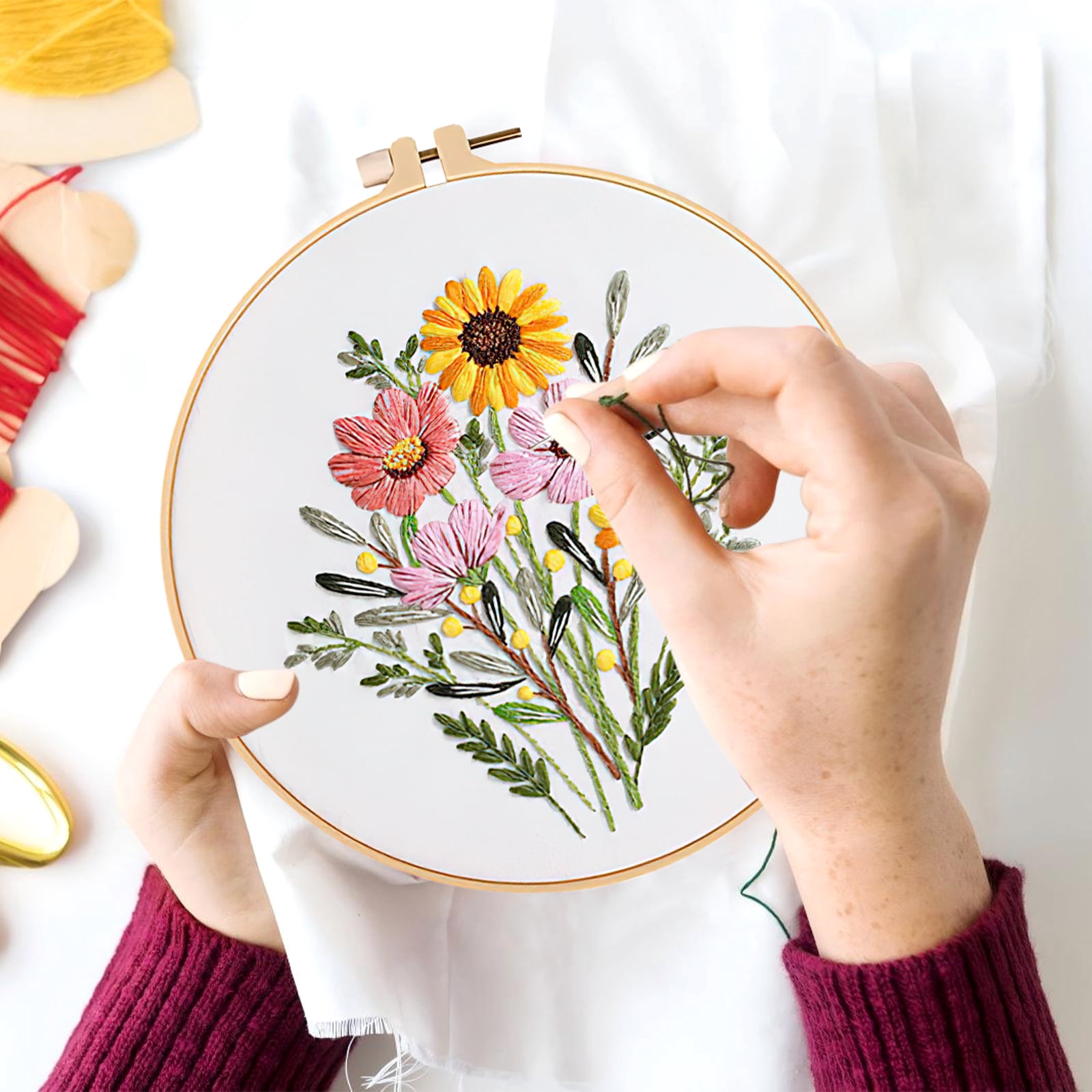 GIRACOA 4 Pack Embroidery Kits for Beginners Adults, Floral Bouquet Stamped Patterns, All-in-One Starter Set with 2 Hoops (7.87 Inch), Scissors, Threader, Seam Ripper & Instructions, DIY Craft Gift