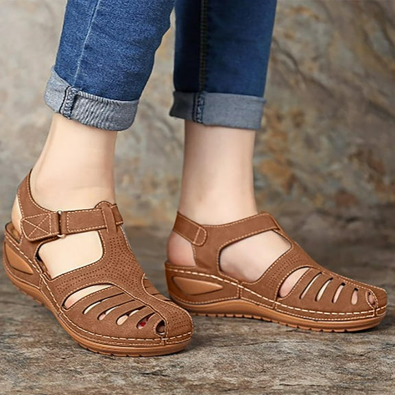 Danhjin Closed Toe Sandals for Women Casual Summer Hollow Out Vintage Wedge Sandal Gladiator Outdoor Shoes