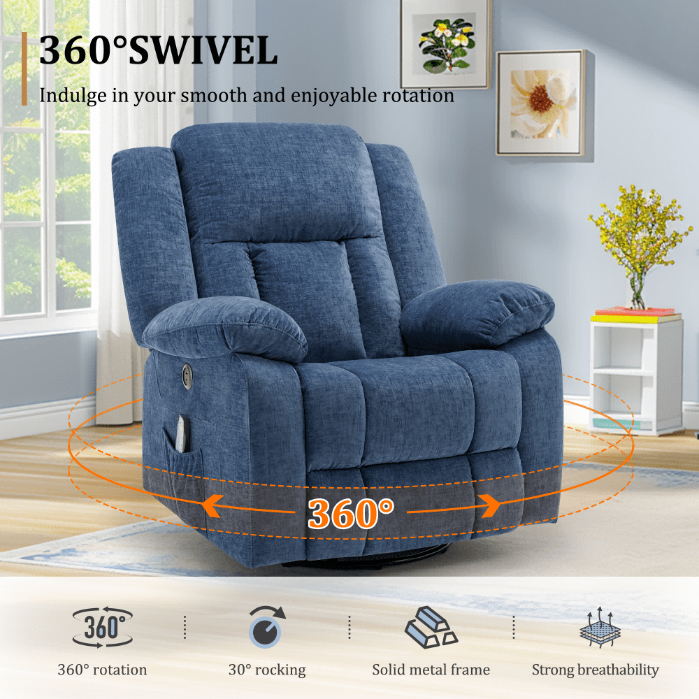 Korser Massage Swivel Rocker Recliner Chair with USB Ports Chenille for Living Room,Blue