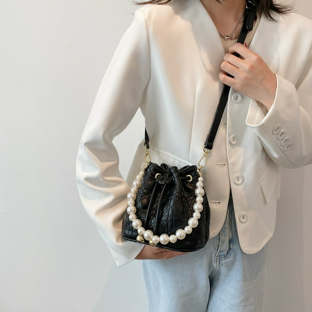 Bolso bandolera de cubo para mujer Bolsos de hombro de cuero Bolsos de perlas de moda Negro Walmart en linea