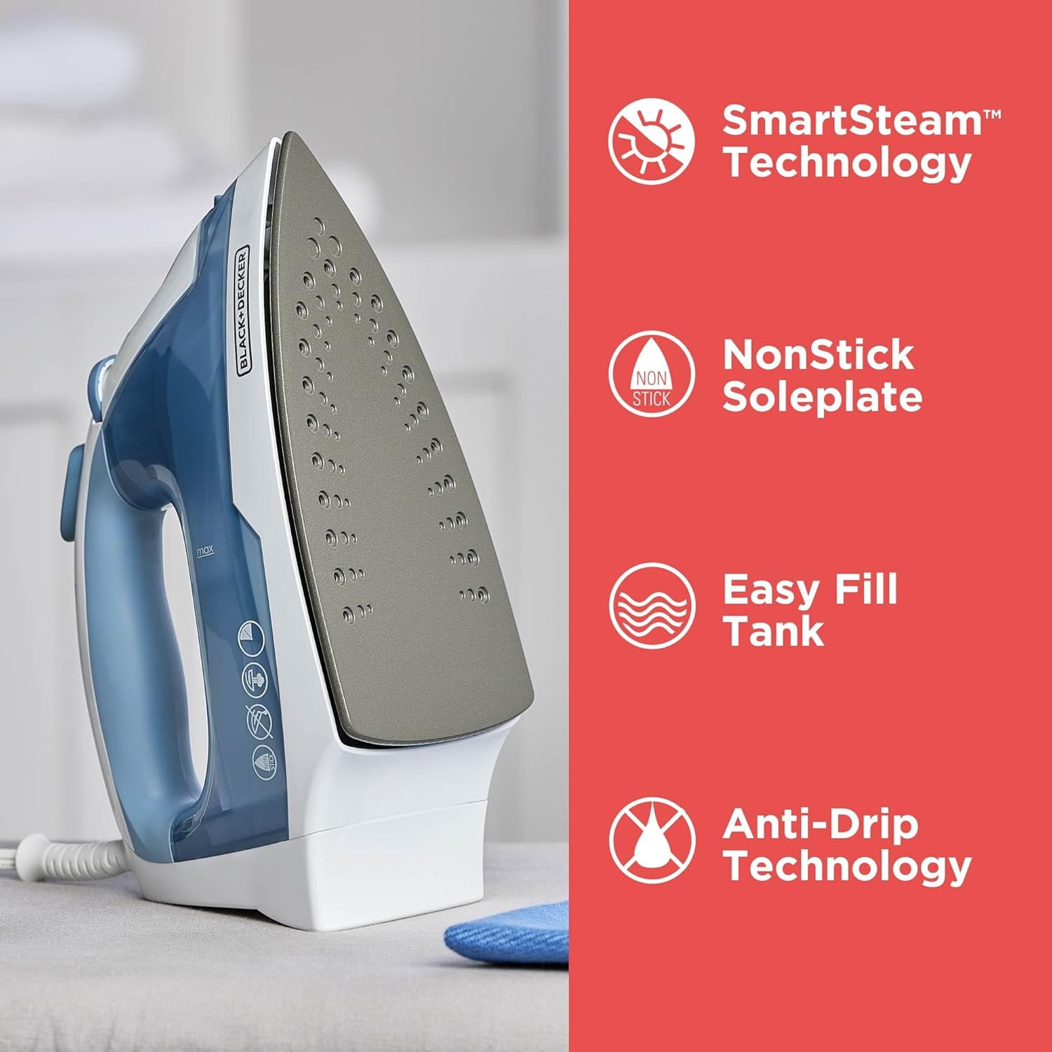 BLACK+DECKER Easy Steam Compact Iron, IR40V, Nonstick Plate, SmartSteam, Anti-Drip, Auto Shutoff