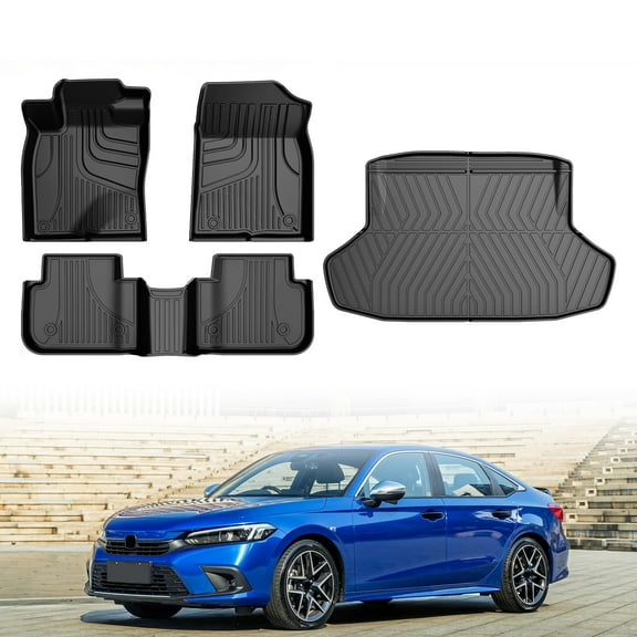 LAONNVIR Floor Mats and Trunk Mat for Honda Civic 2022-2025 2026 (Include Rear Seats with USB Ports) All Weather TPE Car Floor Liners Cargo Liner 1st & 2nd Row & Trunk Liner(Not for Hybrid/Hatchback)