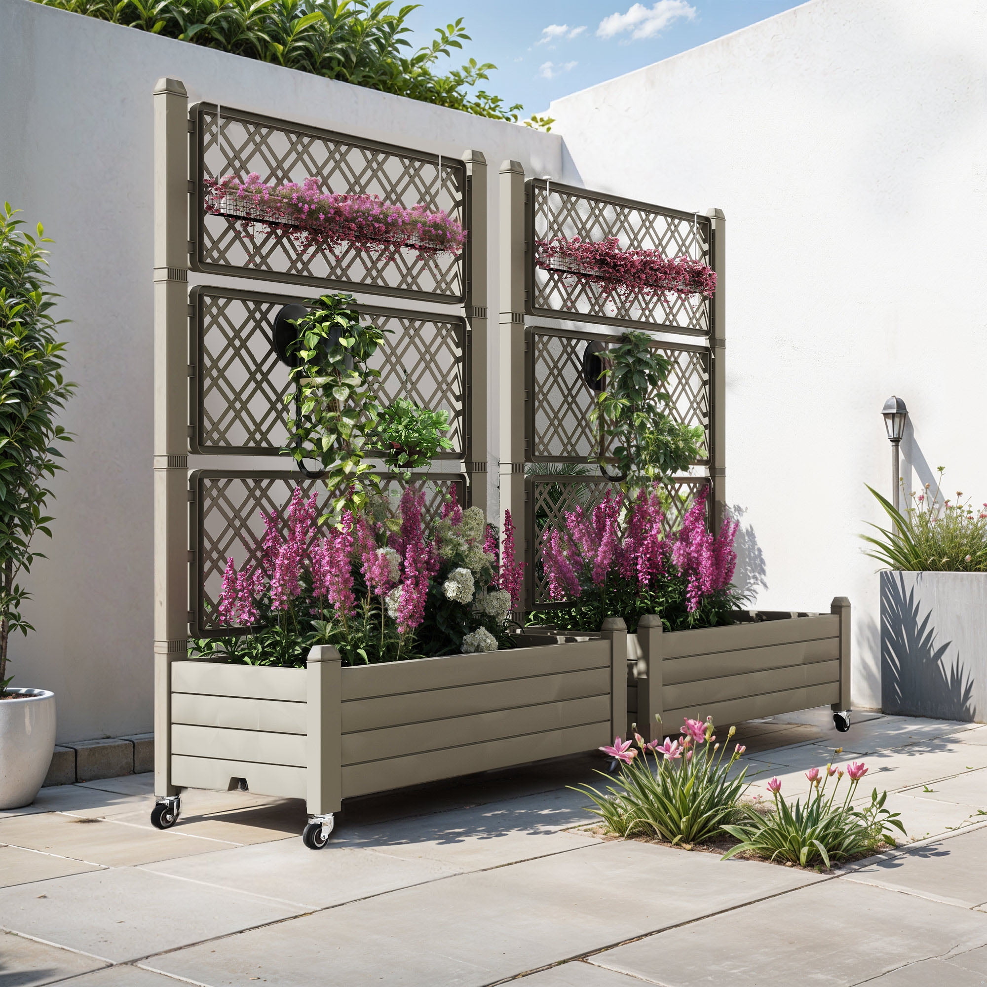 Uforic Large Planter Box Trellis, Outdoor Raised Garden Bed with Drain Plug and Lockable Wheels,for Climbing Plants, 3.6x1.5x5 FT-Light Brown