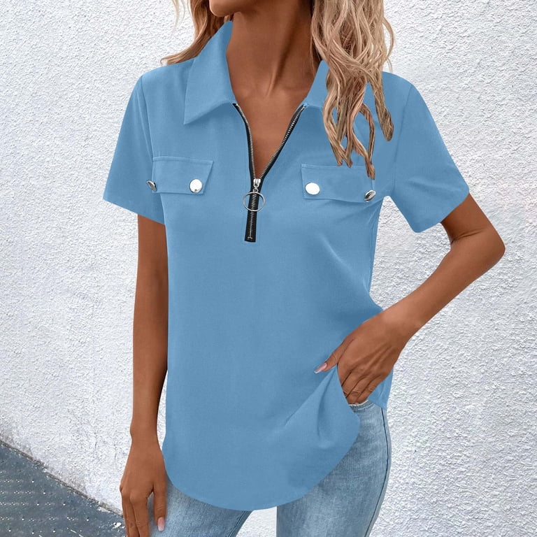 Zip-Front Collared Shirt for Women, Short Sleeve Solid Color Top