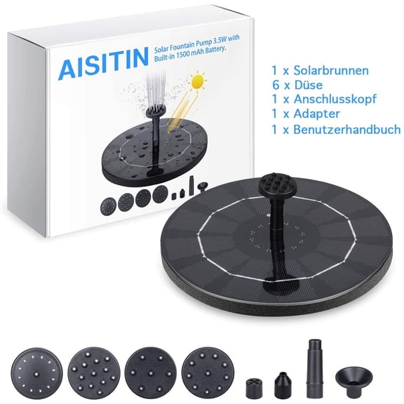 AISITIN 3.5W Solar Fountain, Built-in 1500mAh Battery, Solar Pond Pump, Water Pump, Floating, Fountain Pump, with 6 Styles of Fountain for Bird Pool, Small Pond, Garden, Water Circulation