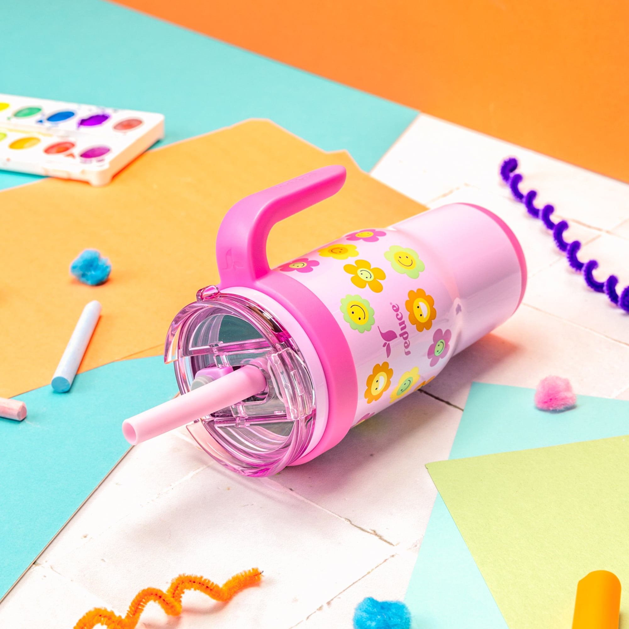 Reduce Coldee Kids Tumbler with Spill-Proof Straw & Handle. Insulated Stainless Steel 18 oz, Cheeky Cherries