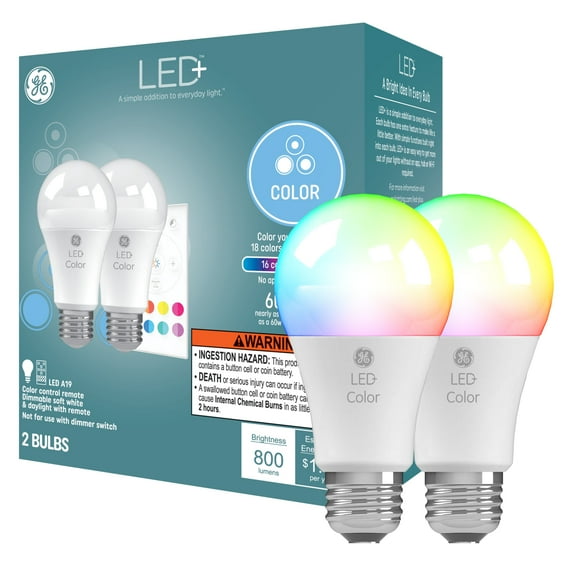 GE LED  Color-Changing LED Light Bulbs, 60 Watt, A19 Bulbs, Medium Base, 2pk