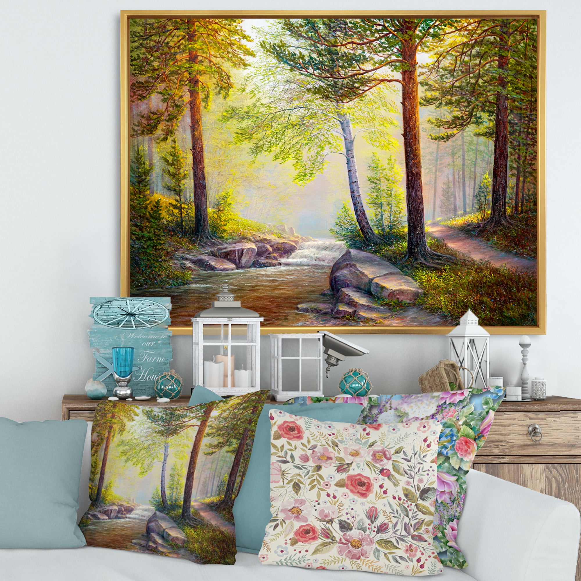 Afternoon Light Through The Forest Trees 40 in x 30 in Framed Painting Canvas Art Print, by Designart
