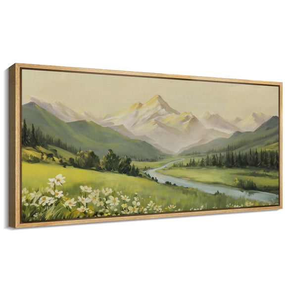 Large Framed Canvas Wall Art Spring Wildflowers Field Mountain Landscape Print for Living Room Decoration - 60"x30" Natural Framed