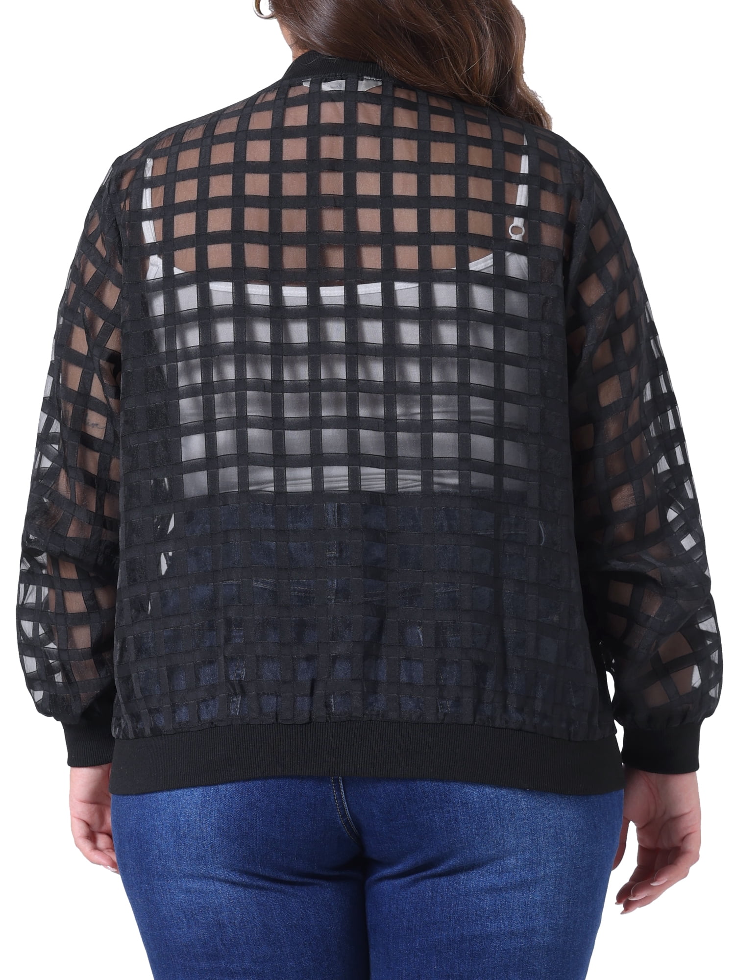 DARING DIVA Stylish Plus Size Mesh Sheer Zip Up Bomber Jacket 1X Black