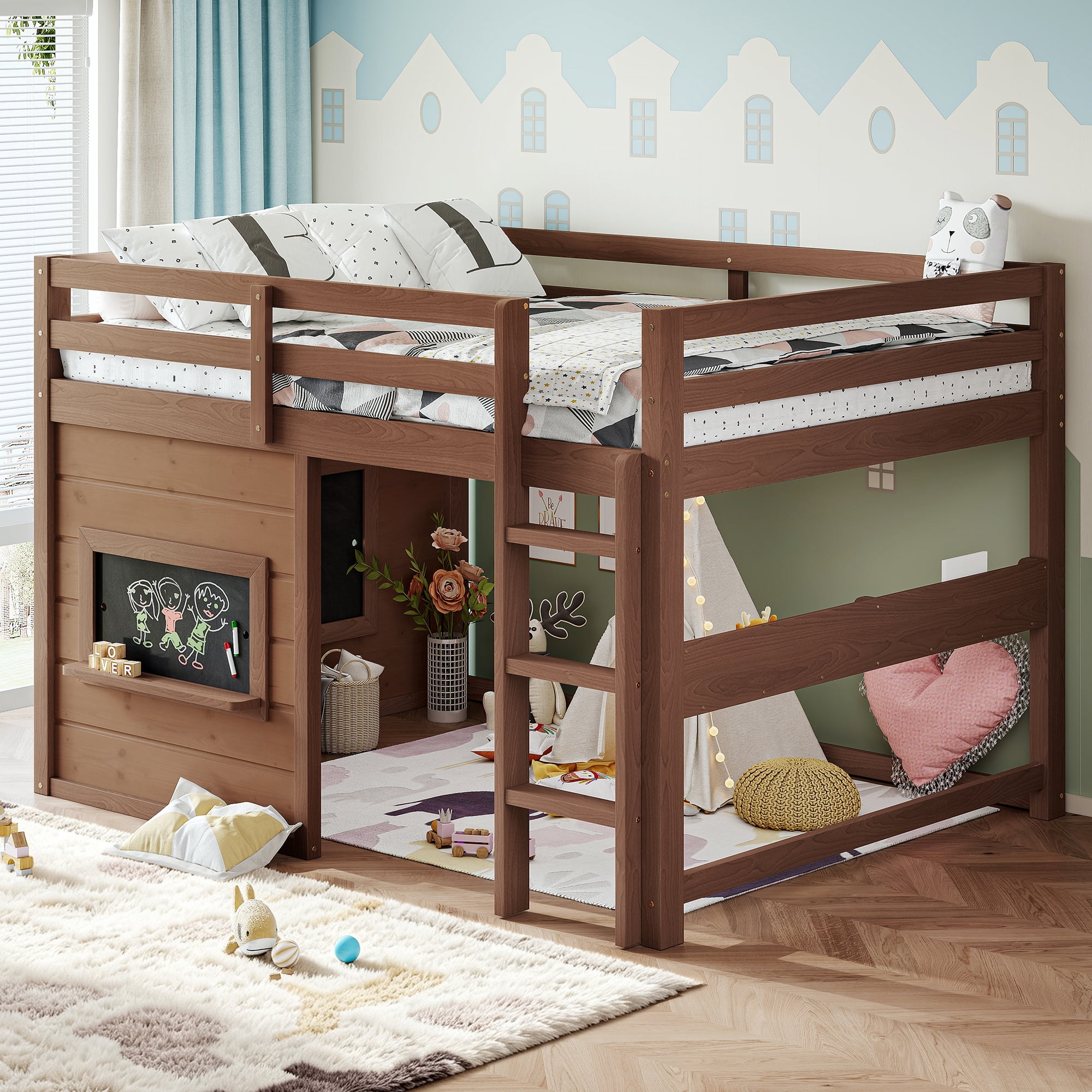 Leumius Full Size Loft Bed with Storage Shelves,Solid Wood Low Loft Bed Frame with Chalkboard and Bookshelf,Space Saving,Natural