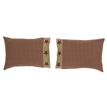 Border Bedding - Burgundy Red Primitive Bedding Cody Burgundy Star Border Cotton Appliqued Star Standard Pillow Case Set of 2