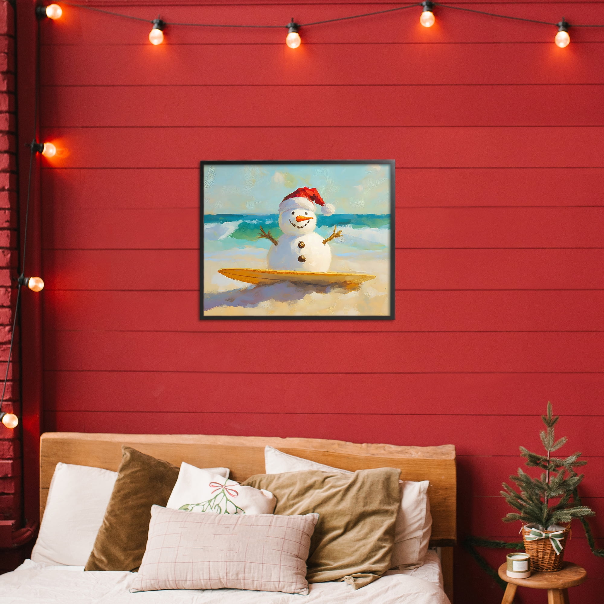 Stupell Industries Surfer Snowman on Beach Black Framed Giclee Art, design by The Prints Vibe