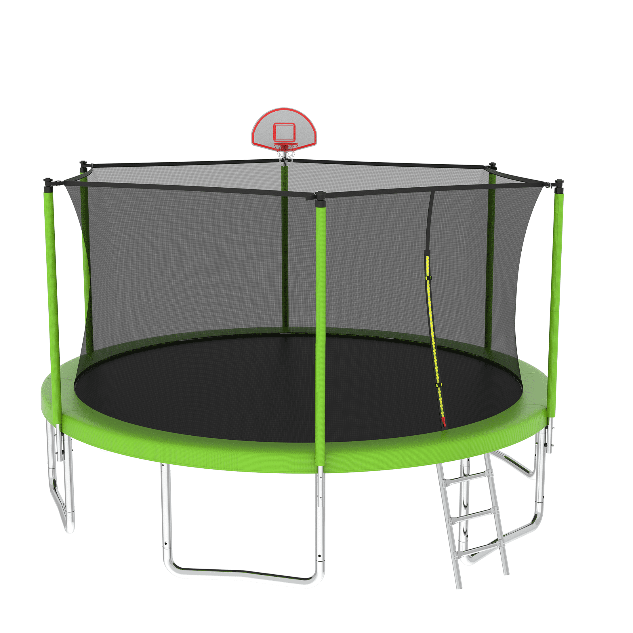 JERFIT 14FT Kids Trampoline with Safety Enclosure Net, Outdoor Large Jumping Mat for Backyard, Includes Basketball Hoop & Ladder, Green