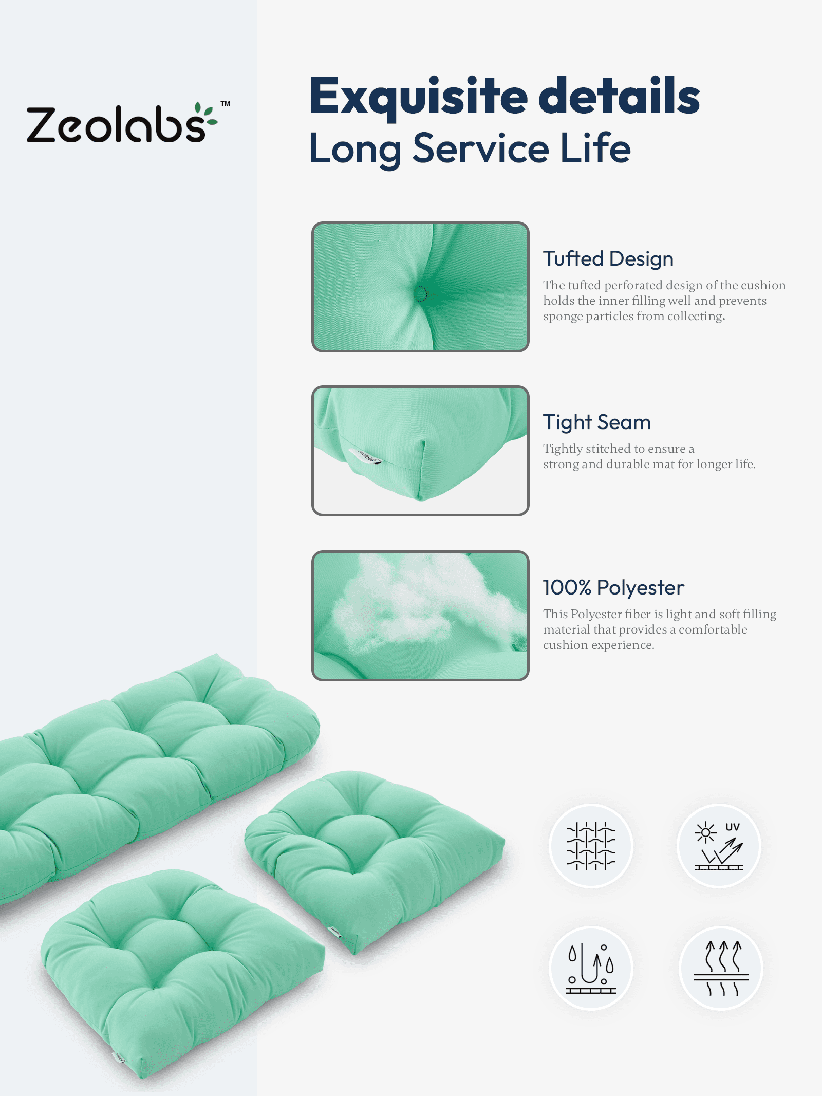 ZEOLABS Outdoor Wicker Chair Cushions of 3 Pieces Waterproof Tufted Seat Cushions set for Patio Furniture Sofa Bench Settee Couch, 1 Loveseat and 2 U-Shaped Cushions, Aqua Blue