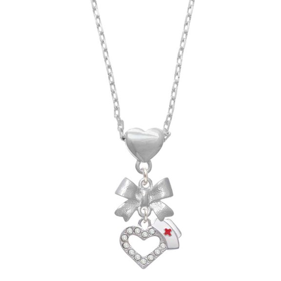 Delight Jewelry Silvertone Small Crystal Heart with Nurse Hat Silver tone Bow Heart Necklace