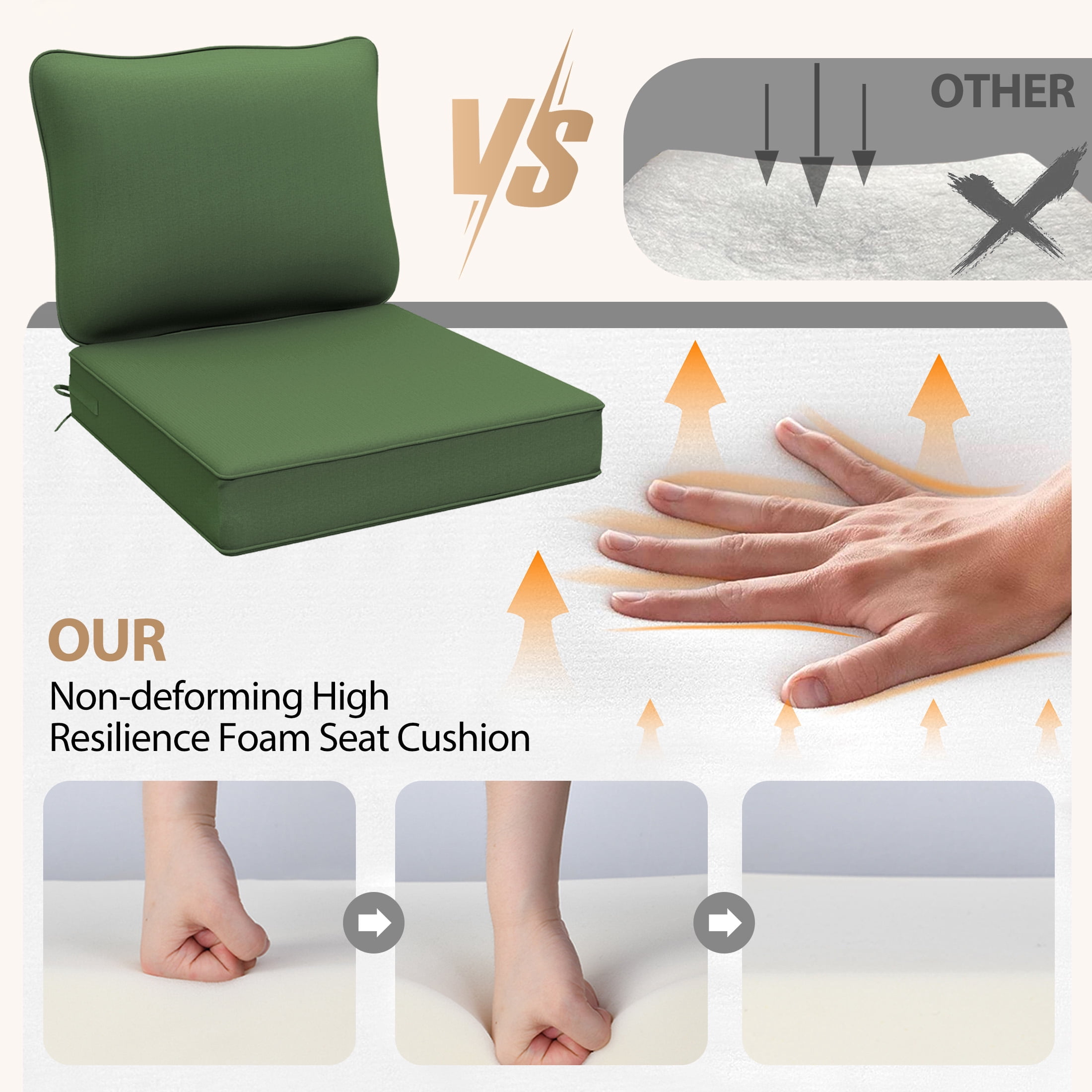 25.5x25.5 Waterproof Outdoor Deep Seat Cushion for Patio Furniture Cushion Replacement, Dark Moss Green